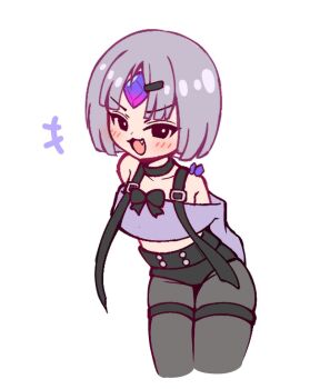 1other androgynous arms_behind_back black_bow black_bowtie black_choker black_eyes blunt_bangs blush bow bowtie choker commentary english_commentary eyebrows_hidden_by_hair fang forehead_jewel gem grey_hair grey_pantyhose high-waist_shorts hololive hololive_english looking_at_viewer off-shoulder_sweater off_shoulder open_mouth pantyhose pebble_(koseki_bijou) purple_gemstone purple_sweater short_hair shorts shutowl simple_background strap sweater virtual_youtuber white_background