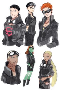 alien alternate_costume aqua_lad artemis_crock black_hair black_shirt blonde_hair bow_(weapon) colored_skin dark_skin dc_comics dick_grayson goggles gradient_background green_skin jacket jewelry kaldur'ahm miss_martian multiple_boys necklace ponytail red_hair shirt smile superboy tetu wally_west weapon young_justice:_invasion