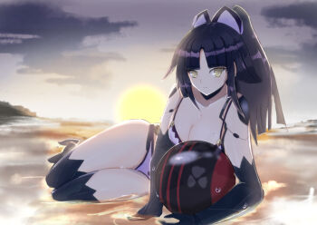 1girl ball beach beachball black_hair blush breasts collarbone commentary_request fate/grand_order fate_(series) joints katou_danzou_(fate) katou_danzou_(midsummer_memories)_(fate) long_hair looking_at_viewer mechanical_arms mechanical_legs medium_breasts moyashi_(pixiv44153669) ponytail robot_girl robot_joints smile solo sunset wet yellow_eyes