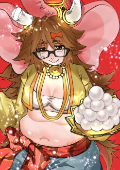1girl artist_name black-framed_eyewear breasts brown_eyes brown_hair commentary_request doku_butsu elephant_hat fate_(series) glasses hair_between_eyes highres jinako_carigiri long_hair looking_at_viewer navel parted_lips plump red_background solo sweatdrop tusks twitter_username upper_body