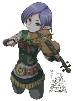 1boy 1girl belt black_choker black_gloves black_pants black_skirt black_vest bow_(music) brown_belt choker closed_mouth commentary_request conductor_baton cropped_legs facial_hair fingerless_gloves gloves green_eyes hat highres holding holding_baton holding_bow_(music) holding_instrument holding_violin instrument mastro_(zelda) miniskirt mustache neckerchief nintendo pants pointy_ears purple_hair red_neckerchief satomura_kyou shirt short_hair simple_background skirt solo_focus the_legend_of_zelda the_legend_of_zelda:_tears_of_the_kingdom vest violin violynne white_background white_shirt