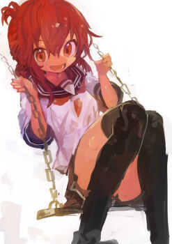 1girl absurdres black_sailor_collar black_skirt black_thighhighs brown_eyes brown_hair chain folded_ponytail highres inazuma_(kancolle) kaamin_(mariarose753) kantai_collection looking_at_viewer neckerchief on_swing open_mouth red_neckerchief sailor_collar school_uniform serafuku sitting skirt solo swing thighhighs