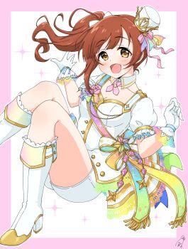 1girl blush boots border bow breasts brown_eyes brown_hair cleavage collar collarbone corsage cross_tie detached_collar dot_nose floating_hair flower funxy_k gloves gold_trim gradient_bow gradient_ribbon gradient_sash hair_bow hair_ribbon hands_up hat hat_ribbon highres idolmaster idolmaster_cinderella_girls idolmaster_cinderella_girls_starlight_stage igarashi_kyoko knee_boots knees_up long_hair looking_at_viewer medium_breasts mini_hat open_mouth outside_border pink_border pink_flower pink_ribbon puffy_short_sleeves puffy_sleeves purple_flower ribbon shirt short_sleeves shorts side_ponytail signature sitting smile solo sparkle white_background white_boots white_collar white_gloves white_hat white_ribbon white_shirt white_shorts