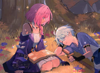 1boy 1girl aged_down ahoge black_gloves blue_eyes blue_shirt book breasts coat cyrene_(aedes_elysiae)_(honkai:_star_rail) cyrene_(honkai:_star_rail) dress fingerless_gloves gloves highres honkai:_star_rail honkai_(series) kk_(kkgame7733) lying multicolored_hair on_grass on_side open_book phainon_(a_dream_scented_in_wheat)_(honkai:_star_rail) phainon_(honkai:_star_rail) pink_hair purple_coat shirt small_breasts smile sword tree two-tone_hair weapon white_dress white_hair wooden_sword