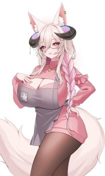 Rule 34 | 1girl, animal ear fluff, animal ears, apron, black horns, breasts, cleavage, cleavage cutout, closed mouth, clothing cutout, cosplay, earrings, fraeya (vtuber), glasses, grey apron, hand on own chest, hand on own hip, highres, horns, indie virtual youtuber, jewelry, lips, long braid, long sleeves, moka (one iced latte with your breast milk please!), moka (one iced latte with your breast milk please!) (cosplay), multicolored horns, necklace, nemuaki, pantyhose, pink eyes, pink sweater, second-party source, semi-rimless eyewear, shadow, solo, sweater, tail, virtual youtuber, white background