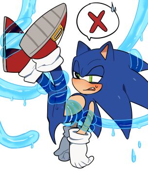 1boy animal_ears animal_nose annoyed blue_fur bound bound_arms furry furry_male gloves green_eyes hedgehog_boy highres imminent_rape male_focus open_mouth restrained simple_background sonic_(series) sonic_the_hedgehog speech_bubble spoken_x sweatdrop tail tentacles tentacles_on_male unneul white_background white_gloves