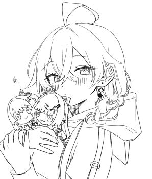 1girl absurdres ahoge braid character_doll crossed_bangs doll earrings greyscale highres hood hood_down ishigami_nozomi jewelry kashikaze kuramochi_meruto lineart looking_at_viewer monochrome multiple_girls nijisanji shishido_akari shishido_akari_(1st_costume) simple_background twin_braids upper_body virtual_youtuber white_background