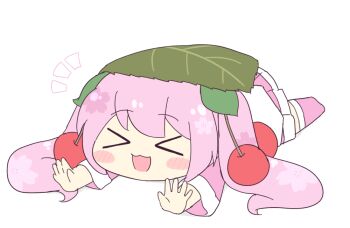 >_< 1girl :3 :d blush_stickers cherry_hair_ornament chibi chibi_only closed_eyes commentary_request flat_color food-themed_hair_ornament full_body hair_ornament hatsune_miku leaf leaf_on_head long_hair lying notice_lines nukotun on_stomach open_mouth pink_hair sakura_miku simple_background smile solo twintails vocaloid white_background x3 xd
