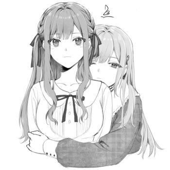2girls bang_dream! bang_dream!_it&#039;s_mygo!!!!! braid chinese_commentary choker collarbone commentary_request frilled_choker frills greyscale hair_ornament hair_ribbon hairclip hug hug_from_behind long_hair long_sleeves monochrome multiple_girls neck_ribbon ribbon sidelocks simple_background togawa_sakiko unmoving_pattern wakaba_mutsumi white_background yuri zx277x