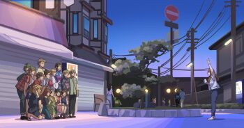 Rule 34 | 5boys, 6+girls, animal hat, arm up, bag, black hair, blonde hair, brown hair, cable, camera, dog hat, fuyuhino, glasses, grey hair, group picture, hariya kaho, hat, hibike! euphonium, highres, holding, holding camera, house, japanese clothes, kamaya suzume, kamaya tsubame, kamiishi yayoi, katou hazuki, kawashima sapphire, kimono, kitayama tairu, kuroe mayu, leaning forward, medium hair, multiple boys, multiple girls, people, road sign, short hair, sign, smile, stop sign, suzuki mirei, suzuki satsuki, takami suguru, takigawa chikao, tsukamoto shuuichi, tsukinaga motomu, v, yoshii sari