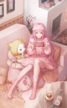 1girl blanket brown_eyes cat copyright_name couch cup cushion drawing_(object) fireplace flower game_cg handheld_game_console hat highres holding holding_handheld_game_console indoors knees_together_feet_apart knees_up legs long_hair momo_(nikki) nikki_(nikki) nikki_(series) no_shoes official_art on_couch pajamas pig piggy_journey_(shining_nikki) pink_hair pink_hat pink_pajamas pink_socks plate playing shining_nikki socks spoon stuffed_animal stuffed_toy sugar_bowl sugar_cube table teacup vase yellow_cloak