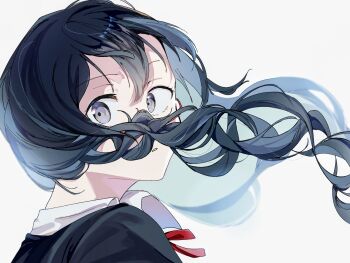 Rule 34 | 1girl, anegoma567, black hair, black jacket, collared shirt, commentary request, floating hair, glasses, grey eyes, highres, jacket, long hair, looking at viewer, looking back, love live!, love live! nijigasaki high school idol club, love live! nijigasaki high school idol club the movie - finale, nakagawa nana, neck ribbon, nijigasaki school uniform, parted lips, portrait, red-framed eyewear, red ribbon, ribbon, school uniform, semi-rimless eyewear, shirt, simple background, solo, under-rim eyewear, white background, white shirt, wide-eyed, winter uniform, yuki setsuna, yuki setsuna (love live!)