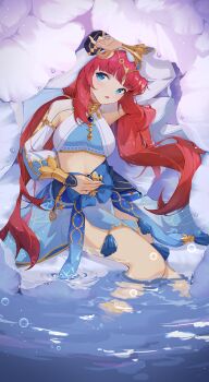 Rule 34 | 1girl, absurdres, arm up, blue eyes, blue gemstone, blue skirt, blush, bracer, breasts, brooch, chinese commentary, circlet, commentary request, crop top, gem, genshin impact, gold trim, harem outfit, highres, horns, jewelry, long hair, long sleeves, looking at viewer, medium breasts, nail polish, neck ring, nilou (genshin impact), parted bangs, parted lips, puffy long sleeves, puffy sleeves, qi di xiong, shrug (clothing), sitting, skirt, soaking feet, solo, tassel, thighs, twintails, veil, water, water drop
