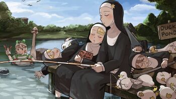Rule 34 | 5girls, :<, animal, animal hug, animal on hand, animal on head, bird, bird on hand, blonde hair, book, brown eyes, brown hair, bush, catfish, chicken, closed eyes, clumsy nun (diva), commentary, crayfish, diva (hyxpk), dock, drooling, duck, english commentary, envelope, falling, fish, fishing, fishing rod, froggy nun (diva), glasses, glasses nun (diva), goose, guitar, habit, hedgehog, highres, holding, holding book, holding fishing rod, holding instrument, hugging book, hugging object, instrument, letter, lifebuoy, little nuns (diva), motion blur, multiple girls, nun, nun headdress, old-fashioned swimsuit, on head, one-piece swimsuit, ostrich, outdoors, partially submerged, photo album, pond, rock, sign, sleeping, sleeping upright, slice of life, spicy nun (diva), star (symbol), star nun (diva), striped clothes, striped one-piece swimsuit, swim cap, swim ring, swimsuit, traditional nun, when you see it