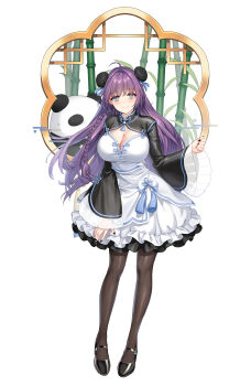 Rule 34 | 1girl, absurdres, aeri (closers), aqua eyes, bamboo, black nails, black pantyhose, black shoes, black shrug, blue bow, bow, braid, breasts, bun cover, cleavage, clenched hand, closed mouth, closers, collared shrug, crop top, double bun, full body, hair bow, hair bun, hand up, high-waist skirt, highres, large breasts, lattice, layered skirt, long hair, looking at viewer, mandarin collar, mary janes, miniskirt, official art, panda, pantyhose, purple hair, shirt, shoes, shrug (clothing), side braid, skirt, skirt bow, smile, solo, standing, tachi-e, white background, white shirt, wide sleeves, window