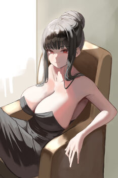 1girl absurdres armpits bare_shoulders black_dress black_hair blue_archive blunt_bangs breasts bright_pupils chair cleavage closed_mouth collarbone commentary dress gong_e hair_bun highres indoors large_breasts long_hair looking_at_viewer low_neckline no_halo official_alternate_costume official_alternate_hairstyle on_chair red_eyes ringed_eyes rio_(blue_archive) rio_(dress)_(blue_archive) sidelocks sitting smile solo strapless strapless_dress very_long_hair white_pupils window