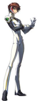 1boy bodysuit brown_hair closed_mouth code_geass code_geass:_genesic_re;code full_body gloves gold_trim green_eyes hand_up highres kururugi_suzaku leaning_forward looking_at_viewer male_focus official_art serious short_hair sidelocks simple_background solo transparent_background v-shaped_eyebrows white_bodysuit white_gloves