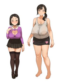 2girls bad_tag bare_shoulders barefoot black_footwear black_hair black_skirt blush breasts choker cleavage cleavage_cutout closed_mouth clothing_cutout collarbone covered_erect_nipples full_body hair_ornament hair_over_shoulder hair_scrunchie hairclip heart heart_choker heart_cutout kono_(yuri_kotone_ero) large_breasts long_hair long_sleeves looking_at_viewer mature_female miniskirt mole mother_and_daughter multiple_girls nipples purple_shirt scrunchie see-through_clothes shirt shoes short_hair simple_background skirt sleeveless sleeveless_shirt smile standing takenoko_no_you thighhighs white_background zettai_ryouiki