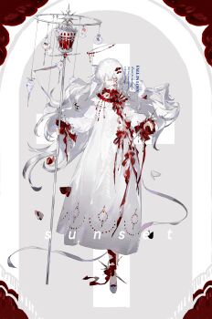 Rule 34 | 1girl, absurdres, angel wings, ankle ribbon, arch, blood, blood on clothes, blood stain, bow, bowtie, bug, butterfly, butterfly on head, closed mouth, collar, covered eyes, cross, dress bow, expressionless, eye mask, feathered wings, frilled shirt collar, frills, full body, grey background, hair bow, halo, head wings, high collar, high heels, highres, holding, holding staff, impaled, insect, jewelry, leg ribbon, long hair, long sleeves, mask, original, outstretched hand, puffy long sleeves, puffy sleeves, red bow, red bowtie, red butterfly, red ribbon, ribbon, sample watermark, shen a fang, shoes, sleeve bow, solo, staff, standing, traditional halo, very long hair, watermark, white bow, white butterfly, white collar, white hair, white halo, white mask, white shoes, white wings, wings