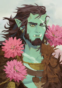1boy bara beard blind_eye broken_tusk brown_hair colored_skin earrings facial_hair flower flower_request full_beard green_skin jewelry looking_ahead male_focus mature_male medium_hair monster_boy muscular muscular_male one_eye_closed orc original paexie pectoral_cleavage pectorals pink_flower pointy_ears portrait single_earring solo thick_beard thick_eyebrows tsurime tusks