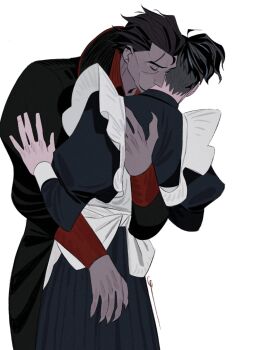 2boys alternate_costume apron black_coat black_dress brown_hair closed_eyes coat commentary_request crossdressing crossdressing_(mtf) dark-skinned_male dark_skin dingnin98201637 dress enmaided fingernails frilled_apron frills hair_slicked_back hand_on_another&#039;s_back highres juliet_sleeves kiss kissing_neck long_sleeves maid maid_apron male_focus male_maid marvel miguel_o&#039;hara multiple_boys peter_b_parker puffy_sleeves sharp_fingernails simple_background spider-man:_across_the_spider-verse spider-man_(series) spider-verse standing vampire white_apron white_background yaoi