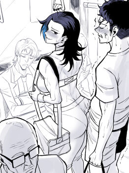 2girls 3boys absurdres anger_vein ass bag blue_hair blush breasts bulge bulge_press bulge_to_ass buttjob buttjob_over_clothes chijo chikan couple crop_top dry_humping duffel_bag earclip halterneck hetero highres humping large_breasts medium_hair molestation multicolored_hair multiple_boys multiple_girls muscular muscular_female nail_polish naughty_face nose_blush original pants pantylines peach88 sharon_wong solo_focus spot_color stealth_sex streaked_hair sweat sweatdrop through_clothes tomboy train_interior two-tone_hair wristband yoga_pants