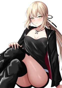 1girl absurdres angra_mainyu_(fate) artoria_pendragon_(fate) black_boots black_camisole black_jacket black_ribbon black_shorts blonde_hair blush boots breasts camisole cleavage corruption crossed_legs dark_persona fate/grand_order fate_(series) hair_ribbon highres jacket jewelry long_hair long_sleeves looking_at_viewer low_ponytail medium_breasts necklace nigori_(keydoor) open_clothes open_jacket ponytail possessed possession ribbon saber_alter saber_alter_(ver._shinjuku_1999) short_shorts shorts sidelocks sitting solo thigh_boots thighs yellow_eyes