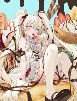 1girl aqua_eyes arm_bow arm_support ascot averting_eyes bare_shoulders blonde_hair blunt_bangs brown_ribbon center_frills cherry corset crepe cross-laced_clothes cross-laced_corset dress food food_in_mouth frilled_dress frills fruit garter_straps hair_ribbon heterochromia highres ice_cream_crepe kakao_rantan lapels layered_skirt light_blush long_hair mary_janes mini_person minigirl notched_lapels original pink_eyes purple_ascot ribbon scrunchie shoes sitting skirt sleeveless sleeveless_dress solo thighhighs twintails very_long_hair vest wrist_scrunchie yellow_dress yellow_thighhighs yellow_vest