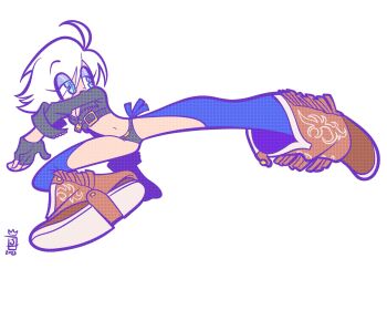 1girl angel_(kof) backless_pants boots bra breasts chaps cleavage cowboy_boots crop_top cropped_jacket fingerless_gloves gloves hair_over_one_eye highres jacket jaliet_exe large_breasts leather leather_jacket midriff navel panties pants short_hair snk solo strapless strapless_bra the_king_of_fighters the_king_of_fighters_xiv toned toned_female underwear white_hair