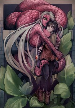 2girls annoyed black_hair breast_press breasts cholie claws coiled commentary english_commentary fang hug lamia large_breasts long_hair medium_hair monster_girl multiple_girls original pink_scales plant pointy_ears red_eyes scales size_difference smile squishing very_long_hair white_hair yellow_eyes yuri