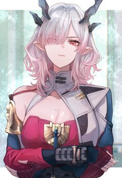 Rule 34 | 1girl, absurdres, arknights, arknights: endfield, asymmetrical jacket, black horns, border, breasts, cleavage, closed mouth, commentary request, crossed arms, eyes visible through hair, fingerless gloves, gloves, gradient hair, hair over one eye, highres, horns, long hair, looking at viewer, medium breasts, mi fu (arknights), mole, mole on breast, mole under eye, multicolored hair, pink hair, pointy ears, red eyes, red gloves, red shirt, shirt, shrug (clothing), single bare shoulder, solo, upper body, white border, white hair, white shrug, yoru shiki