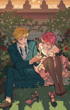 1boy 1girl alternate_costume bare_shoulders blonde_hair braid brown_shoes cigarette collared_shirt commentary dress english_commentary flower formal_clothes frilled_dress frills giorno_giovanna grass green_eyes green_jacket green_pants hetero high_heels highres jacket jewelry jojo_no_kimyou_na_bouken lighter moonnacorn necklace pants pantyhose pink_hair plant rose shirt shoes short_hair sitting strapless suit trish_una unworn_shoes vento_aureo white_shirt
