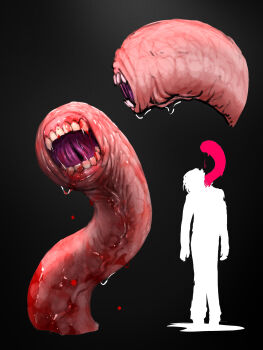 1other black_background blood blood_on_teeth body_horror commentary_request highres horror_(theme) open_mouth original parasite shokushi_yuu silhouette simple_background standing teeth tentacle_tongue veins veiny_tentacles wet worm