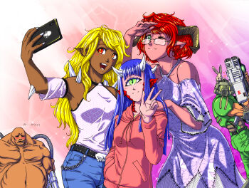 2boys 3girls animal animal_ear_fluff animal_on_head arm_cannon armor armpits bald bare_shoulders baron_of_hell belt bfg_9000 black_belt blonde_hair blue_hair blue_pants blush breasts cacodemon cellphone colored_skin cowboy_shot cyclops daisy_(doom) dark-skinned_female dark_skin demon_girl demon_horns denim detached_sleeves doom_(series) doom_2 doom_ii doomguy dress fangs fat fat_man glasses green_eyes green_pants group_picture halter_dress halterneck hand_in_pocket height_difference helmet highres hood hood_down hoodie horns huge_weapon imp_(doom) jeans leaning_forward long_hair looking_at_another looking_over_eyewear mancubus multiple_boys multiple_girls muscular muscular_male navel on_head one-eyed one_eye_closed opaque_helmet open_mouth pants personification phone photobomb pink_skin pointy_ears power_armor rabbit red_eyes red_hair rimless_eyewear scales selfie short_dress short_hair slit_pupils small_breasts smartphone smile sparkle sparkle_background spikes standing substance20 translated v weapon wink
