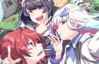 10yen_kabu 3girls alternate_hair_color ange_katrina animal animal_ears animal_on_head aqua_hair bird bird_on_head black_hair blue_eyes blue_neckerchief castle colored_inner_hair commentary commentary_request creeper crying dog_ears english_commentary gradient_hair hair_intakes hair_ornament hand_up heterochromia highres inui_toko inui_toko_(1st_costume) lize_helesta lize_helesta_(1st_costume) looking_at_another maid_headdress minecraft mixed-language_commentary multicolored_hair multiple_girls neckerchief nijisanji on_head open_mouth parted_lips pink_hair pointing purple_eyes red_eyes red_hair sanbaka_(nijisanji) sebastian_piyodore sign skeleton_(minecraft) smile swept_bangs tears teeth translation_request two-tone_hair upper_teeth_only virtual_youtuber white_hair white_headdress yellow_bird yellow_eyes zombie_(minecraft)