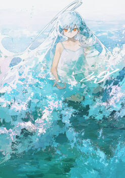 1girl ahoge bare_shoulders blue_sky breasts dress gradient_hair highres huge_ahoge long_hair looking_at_viewer multicolored_hair ocean orange_eyes original potg_(piotegu) sidelocks sky small_breasts solo white_dress white_hair