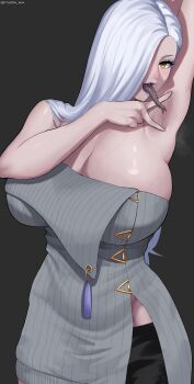 1girl absurdres arm_up armpit_stubble armpits black_tongue blue_lips breasts colored_tongue cowboy_shot dark_background dress fate/grand_order fate_(series) forked_tongue hair_over_one_eye highres huge_breasts licking licking_armpit licking_own_armpit lipstick long_hair long_tongue looking_at_viewer makeup mrs._snake_(fate) one_eye_covered open_mouth presenting_armpit saliva shiny_skin simple_background solo sweater sweater_dress tassel tongue tongue_out topeko_pekoni white_hair yellow_eyes