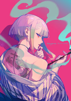 1girl absurdres alternate_costume bare_shoulders bath_yukata bigroll blue_hair commentary cyberpunk:_edgerunners cyberpunk_(series) eyeliner green_hair highres holding holding_smoking_pipe japanese_clothes kimono looking_at_viewer lucy_(cyberpunk) makeup multicolored_hair open_clothes pink_hair profile red_eyeliner red_lips short_hair skin_seams smoking_pipe solo striped_clothes striped_kimono untranslatable_commentary upper_body vertical-striped_clothes vertical-striped_kimono yukata