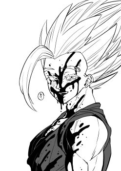 1boy :d bare_pectorals bare_shoulders biceps big_hair blood blood_drip blood_on_arm blood_on_clothes blood_on_face blood_on_upper_body blood_splatter blood_stain blush crazy_eyes dougi dragon_ball dragon_ball_super dragon_ball_super_super_hero dripping evil_grin evil_smile eyelashes fangs floating_hair from_side gohan_beast greyscale grin guro half-closed_eyes happy highres long_hair looking_at_viewer looking_to_the_side male_focus monochrome muscular muscular_male obata2nd open_mouth parted_lips pectorals pointy_hair sanpaku sharp_teeth simple_background single_bang sleeveless smile smirk smug solo son_gohan speech_bubble spiked_hair teeth toned toned_male transformation translation_request upper_body white_background