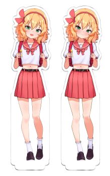 1girl absurdres bare_legs belt blonde_hair blush bobby_socks collarbone commentary crime_prevention_buzzer cropped_shirt full_body green_eyes hairband highres idolmaster idolmaster_cinderella_girls looking_at_viewer midriff multiple_views nakoni_(solalalala) navel pink_hairband pink_skirt pleated_skirt red_bag sakurai_momoka school_uniform serafuku shirt short_sleeves skirt smile socks summer_uniform white_shirt white_socks