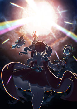 1girl 1other aqua_hair arm_up dress drill_hair from_behind gradient_hair highres holding holding_scepter honkai:_star_rail honkai_(series) hyacine_(honkai:_star_rail) kago_usagi little_ica_(honkai:_star_rail) long_sleeves looking_up multicolored_hair pantyhose rainbow red_dress scepter twin_drills twintails unicorn white_pantyhose winged_unicorn