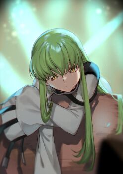 1girl c.c. closed_mouth code_geass creayus green_hair hair_between_eyes long_hair long_sleeves looking_down sleeves_past_fingers sleeves_past_wrists solo straight_hair very_long_hair yellow_eyes