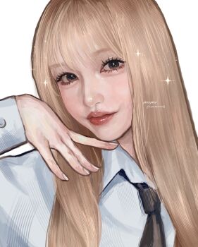 Rule 34 | aegyo sal, asian, black necktie, blonde hair, collared shirt, commentary request, eyelashes, highres, ive (group), k-pop, lips, liz (ive), mimitanu25, necktie, nose, real life, realistic, shirt, sparkle, wispy bangs