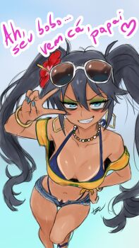 1girl absurdres alternate_hair_color bags_under_eyes bare_arms bare_legs bare_shoulders bead_necklace beads bikini bikini_under_clothes black_hair black_pubic_hair blue_background blue_bikini blue_nails bracelet brazilian_miku brazilian_miku_(cosplay) breasts collarbone commentary cosplay cutoffs downblouse english_commentary eyeshadow eyewear_on_head fang female_pubic_hair flower green_eyeshadow grin hair_flower hair_ornament hand_on_own_hip hand_up hatsune_miku heart highleg highleg_bikini highres its_tsuica jewelry long_hair looking_at_viewer makeup medium_breasts micro_shorts nail_polish navel necklace off-shoulder_shirt off_shoulder open_fly original pubic_hair pubic_hair_peek rectangular_earrings shirt short_sleeves shorts simple_background smile solo spanish_text sunglasses swimsuit tan tanline thigh_gap translation_request twintails v v-shaped_eyebrows v_over_eye very_long_hair vocaloid white-framed_eyewear yellow_shirt