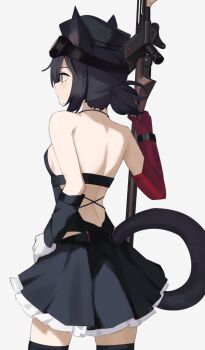 1girl animal_ears arknights arm_warmers asymmetrical_gloves backless_dress backless_outfit bare_back bare_shoulders black_arm_warmers black_dress black_eyes black_hair black_hat black_tail black_thighhighs breasts closed_mouth commentary cowboy_shot dress elbow_gloves frilled_dress frills gloves grey_background hand_on_own_hip hat highres hinami047 holding looking_ahead median_furrow mismatched_gloves pleated_dress ponytail profile red_gloves rockrock_(arknights) short_dress short_hair simple_background single_arm_warmer single_elbow_glove small_breasts solo standing tail thighhighs uneven_gloves white_gloves zettai_ryouiki