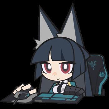 1girl animal_ears animated animated_gif aqua_jacket black_gloves black_hair black_necktie blunt_bangs bright_pupils chair chibi computer_keyboard computer_mouse desk fingerless_gloves fox_ears fox_girl gaming_chair gloves hoshimi_miyabi jacket long_hair long_sleeves looping_animation necktie official_art razer red_eyes shirt sitting smile sparkle swivel_chair transparent_background upper_body white_pupils white_shirt zenless_zone_zero