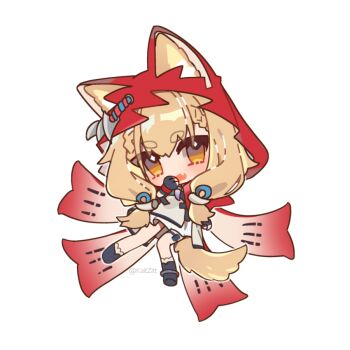 1girl aki'z animal_ears arknights arknights:_endfield black_gloves blonde_hair brown_eyes cape chibi commentary english_commentary fang full_body gloves hood hood_up hooded_cape looking_at_viewer open_mouth red_cape rossi_(arknights) short_eyebrows simple_background solo tail thick_eyebrows white_background wolf_ears wolf_girl wolf_tail