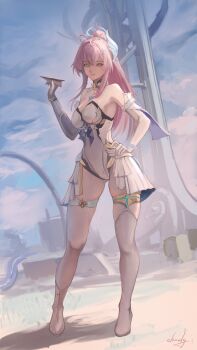 1girl absurdres aemeath_(wuthering_waves) ahoge ankle_boots asymmetrical_footwear bare_shoulders blue_sky boots breasts chucky_(chucky1000sun) closed_mouth commentary_request day elbow_gloves gloves hair_ornament hand_on_own_hip highres holding holding_paper_airplane leotard long_hair looking_at_viewer medium_breasts outdoors paper_airplane pink_hair ponytail showgirl_skirt signature single_thigh_boot skirt sky smile solo standing thigh_boots thighs uneven_footwear white_boots white_gloves white_leotard white_skirt wuthering_waves yellow_eyes