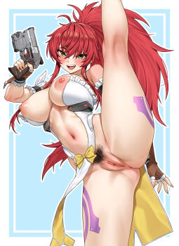 1girl absurdres ass ass_focus blue_background blush border bow breasts brown_gloves censored commentary commission crossed_bangs english_commentary female_pubic_hair fingerless_gloves fingernails gloves gun hair_between_eyes high_kick highres himeki_luna holding holding_gun holding_weapon kicking kneepits large_breasts leg_tattoo long_fingernails long_hair looking_at_viewer maebari mosaic_censoring nail_polish navel nipples open_mouth outside_border pelvic_curtain pink_nails pixiv_commission ponytail pubic_hair pussy red_hair revealing_clothes smile solo split standing standing_on_one_leg standing_split stomach tattoo teeth thore_(nathalukpol) tongue upper_teeth_only vanguard_princess weapon white_border yellow_bow yellow_eyes