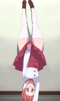 1girl blush braid breasts brown_footwear eg_si handstand high-waist_skirt highres kanojo_okarishimasu long_sleeves looking_at_viewer lycoris_challenge_(meme) lycoris_recoil medium_breasts meme parody red_eyes red_hair red_skirt sailor_collar sakurasawa_sumi scene_reference screencap shirt short_hair skirt thick_thighs thighhighs thighs third-party_edit upside-down white_sailor_collar white_shirt white_thighhighs wide_hips